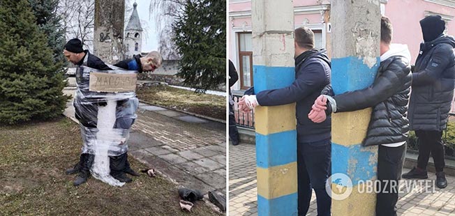 Мародеров привязывают к позорному столбу За мародерство украинцы привязывают к позорному столбу