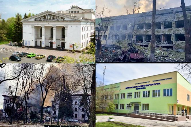 Разрушенные армией РФ здания роддома и Драмтеатр в Мариуполе 