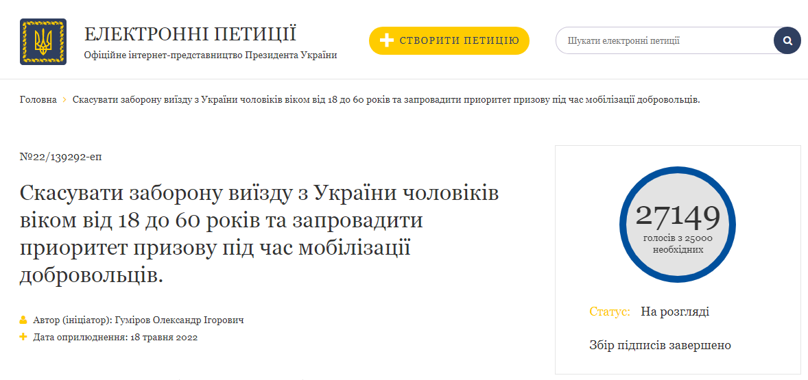Петиция президенту Украины с просьбой разрешить выезд за границу мужчинам от 18 до 60 лет во время войны